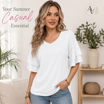 Women's V Neck Ruffle Sleeve Top, Loose Fit Half Sleeve Blouse, Soft Casual T-Shirt for Summer Daily Wear