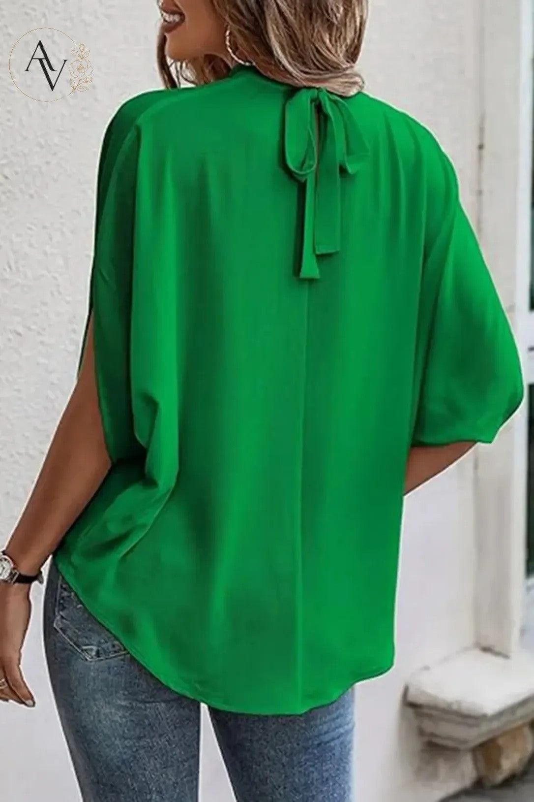Women’s Mock Neck Tie Back Blouse, Split Batwing Half Sleeve Loose Fit Top, Dressy Casual Work Shirt for Office & Weekend