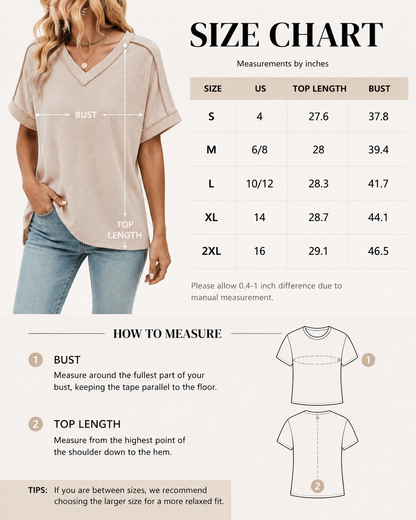 Women’s Corded Rib V-Neck Short Sleeve Top, Soft Stretch Exposed Seam Loose Fit T-Shirt, Casual Summer Tee for Everyday Outfits