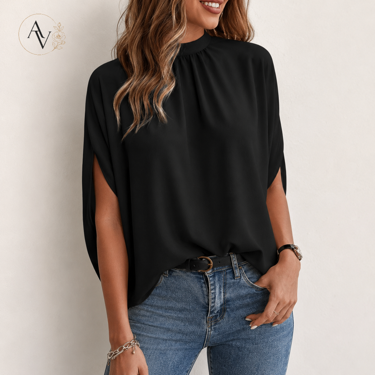 Women’s Mock Neck Tie Back Blouse, Split Batwing Half Sleeve Loose Fit Top, Dressy Casual Work Shirt for Office & Weekend