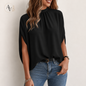 Women’s Mock Neck Tie Back Blouse, Split Batwing Half Sleeve Loose Fit Top, Dressy Casual Work Shirt for Office & Weekend
