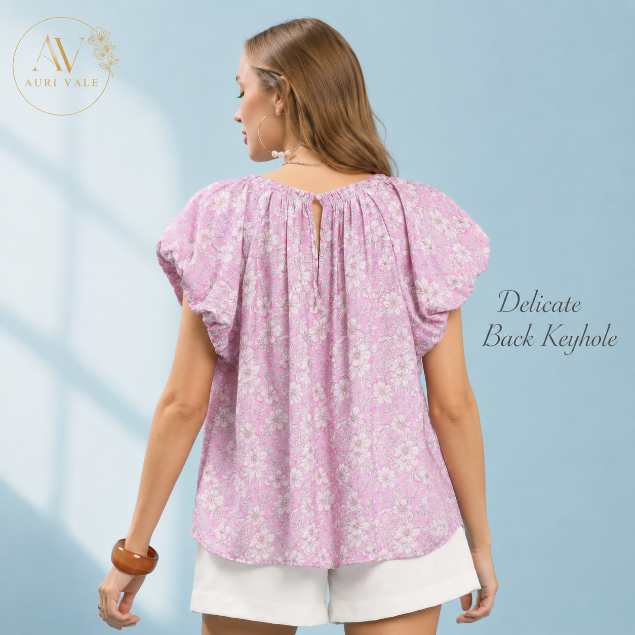 Women’s Pink Floral Puff Sleeve Blouse, Relaxed Fit Round Neck Short Sleeve Flowy Top for Summer, Brunch & Office Casual