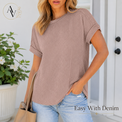 Women’s Textured Short Sleeve Knit Top, Round Neck Exposed Seam Tee, Soft Stretch Loose Fit Casual Summer Shirt for Everyday Outfits