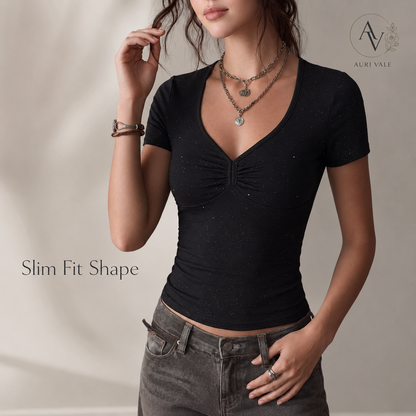 Women’s Slim Fit V Neck Crop T-Shirt, Black Sparkly Short Sleeve Ruched Front Top, Slight Stretch Casual Going Out Tee