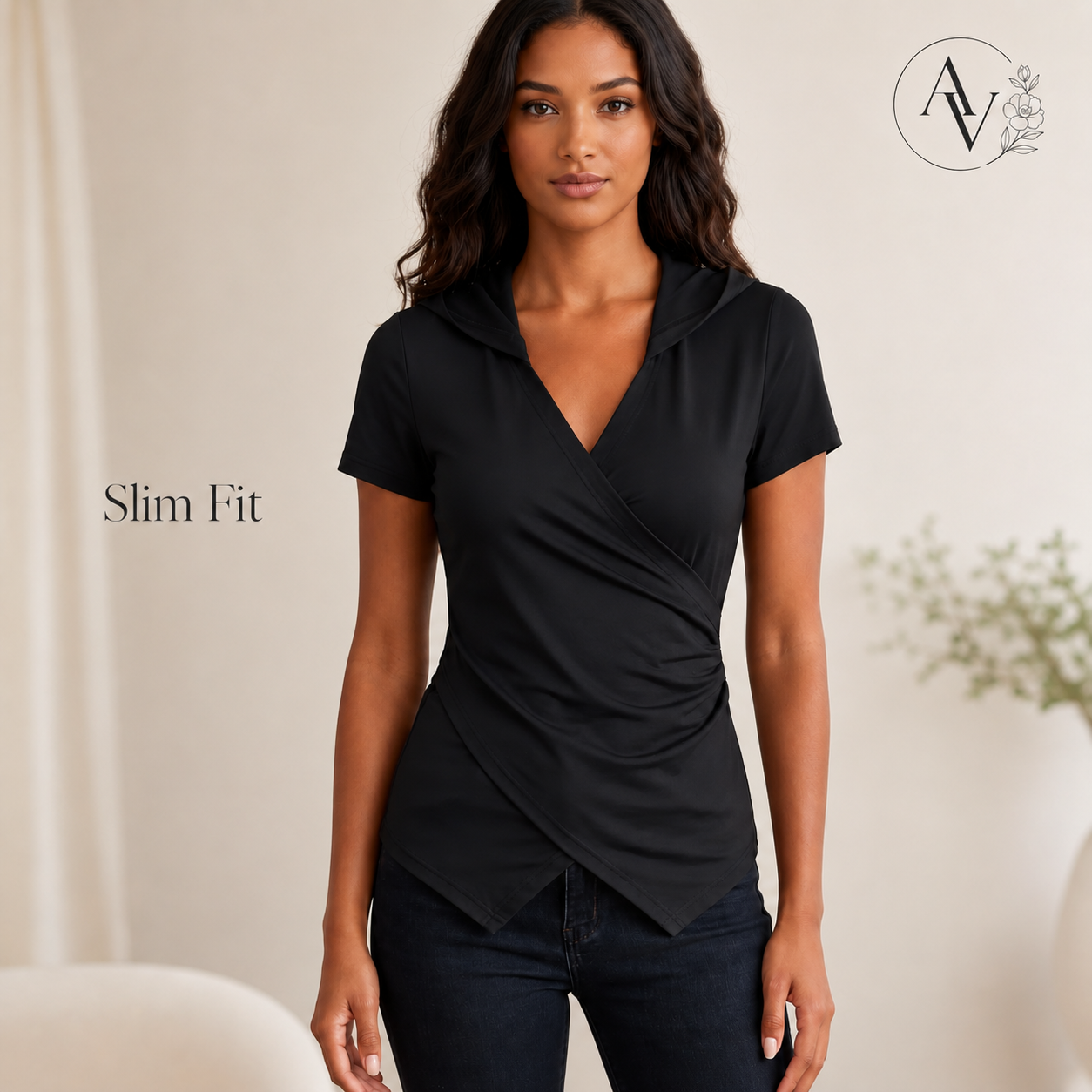 Women’s Hooded Wrap Front Slim Fit Top, Ruched Long Sleeve T-Shirt, Slight Stretch Casual Going Out Blouse for Fall Spring Streetwear