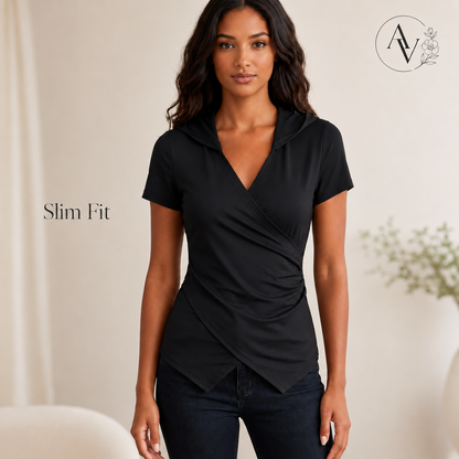 Women’s Hooded Wrap Front Slim Fit Top, Ruched Long Sleeve T-Shirt, Slight Stretch Casual Going Out Blouse for Fall Spring Streetwear