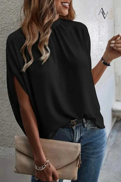 Women’s Mock Neck Tie Back Blouse, Split Batwing Half Sleeve Loose Fit Top, Dressy Casual Work Shirt for Office & Weekend