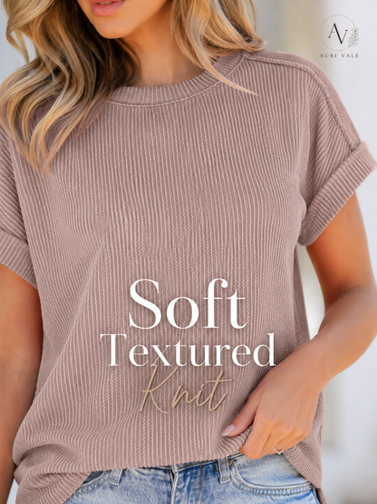 Women’s Textured Short Sleeve Knit Top, Round Neck Exposed Seam Tee, Soft Stretch Loose Fit Casual Summer Shirt for Everyday Outfits