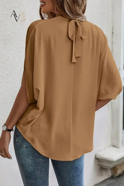 Women’s Mock Neck Tie Back Blouse, Split Batwing Half Sleeve Loose Fit Top, Dressy Casual Work Shirt for Office & Weekend
