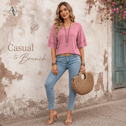 Women's V Neck Ruffle Sleeve Top, Loose Fit Half Sleeve Blouse, Soft Casual T-Shirt for Summer Daily Wear