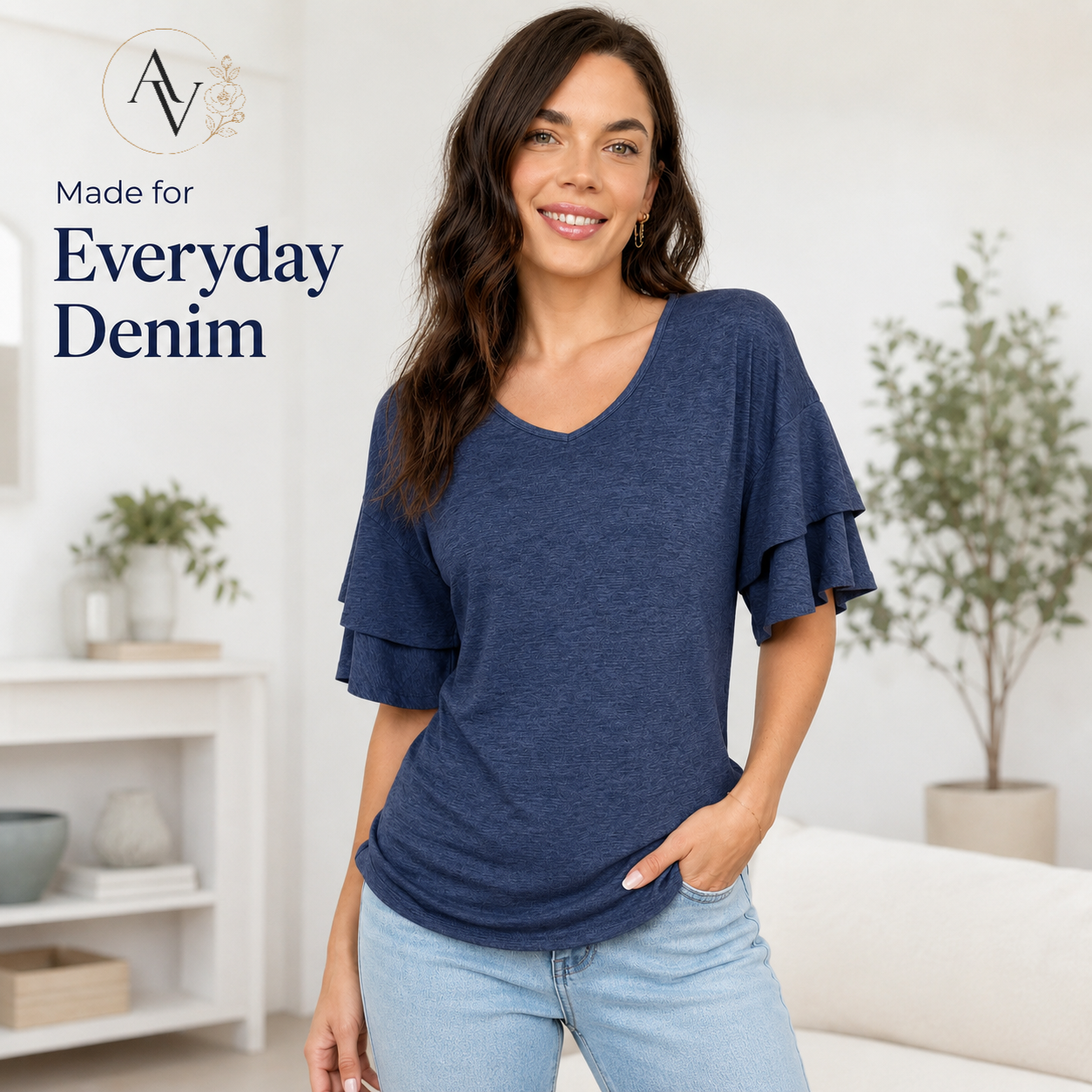 Women's V Neck Ruffle Sleeve Top, Loose Fit Half Sleeve Blouse, Soft Casual T-Shirt for Summer Daily Wear