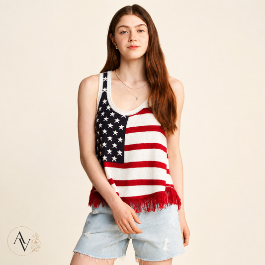Plus Size American Flag Fringe Tank Top for Women, Patriotic Sleeveless Summer Top, 4th of July USA Stars Stripes Shirt