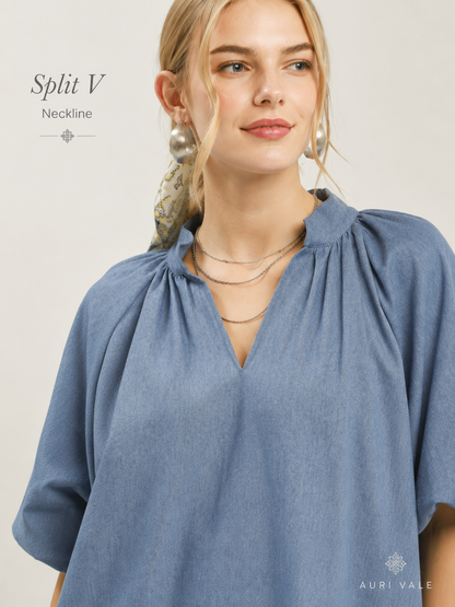 Women’s Chambray Puff Sleeve Top, Scallop Hem Split V-Neck Blouse, Lightweight Cotton Blend Oversized Casual Summer Shirt