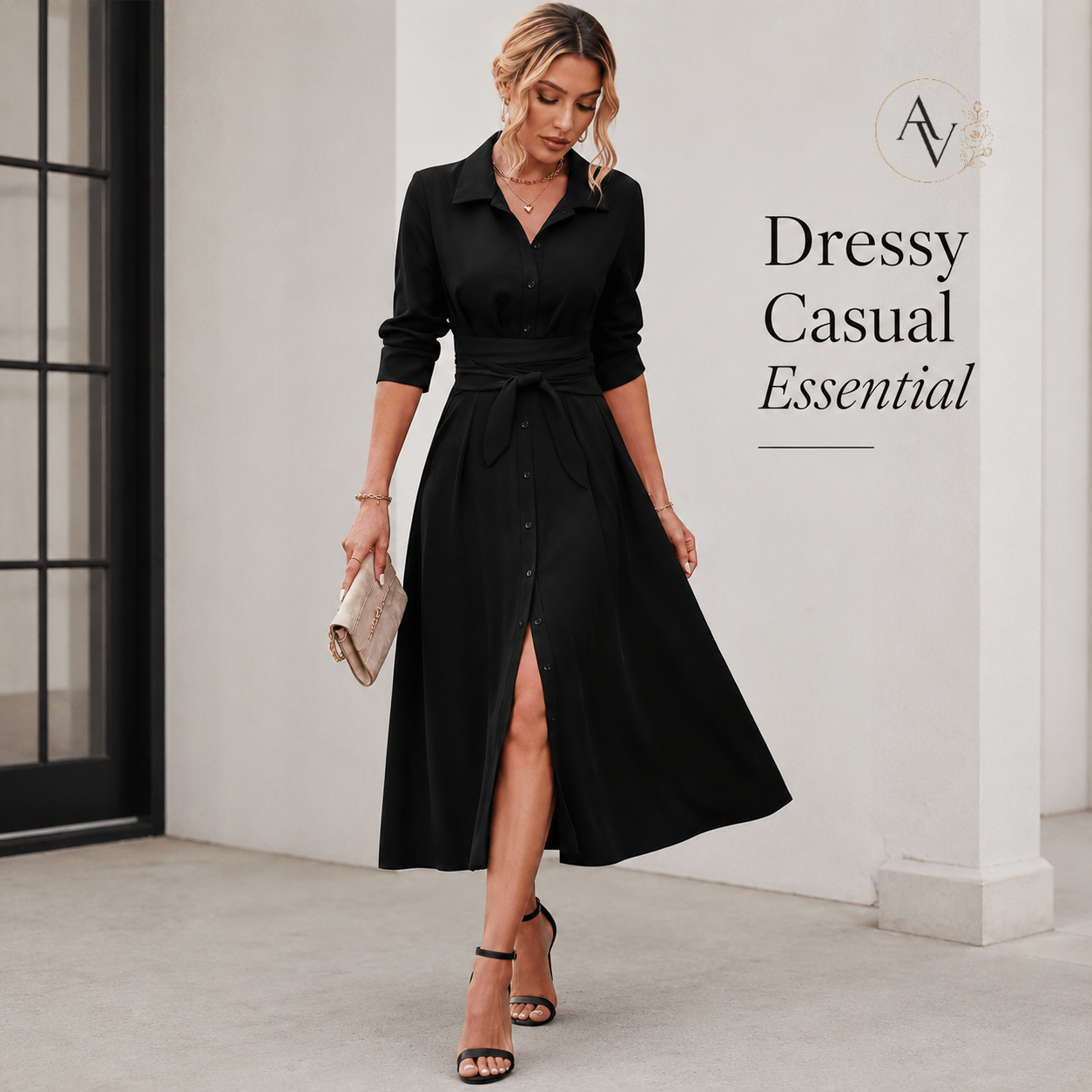 Women’s Belted Button Down Shirt Dress, Collared Long Sleeve Midi Dress, Slim Waist Work Office Casual Dress
