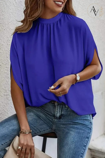 Women’s Mock Neck Tie Back Blouse, Split Batwing Half Sleeve Loose Fit Top, Dressy Casual Work Shirt for Office & Weekend