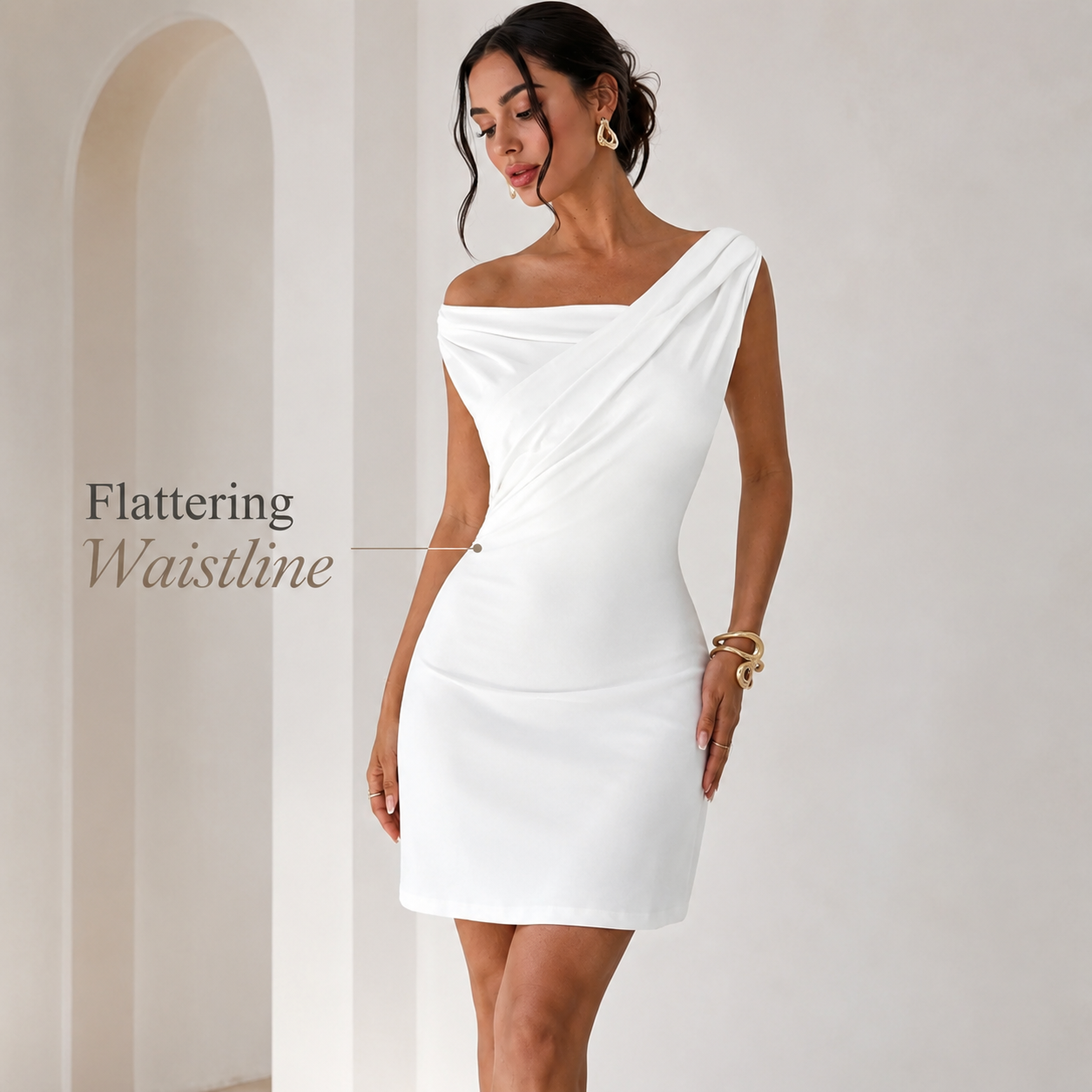 Women’s White Off Shoulder Draped Mini Dress, Elegant One Shoulder Sleeveless Party Dress for Date Night, Vacation, Bridal Shower & Summer Outfits