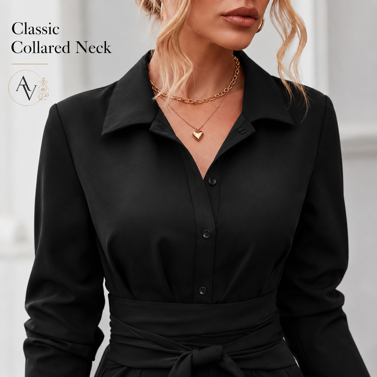 Women’s Belted Button Down Shirt Dress, Collared Long Sleeve Midi Dress, Slim Waist Work Office Casual Dress