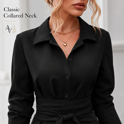 Women’s Belted Button Down Shirt Dress, Collared Long Sleeve Midi Dress, Slim Waist Work Office Casual Dress