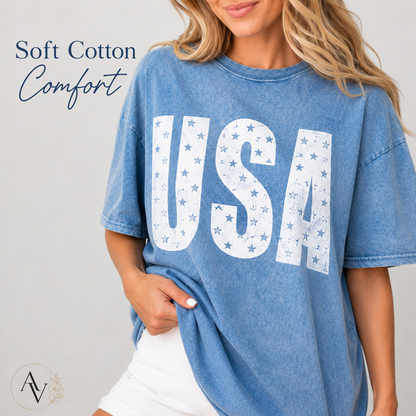 Women’s USA Star Print Acid Wash T-Shirt – 100% Cotton Patriotic Crew Neck Short Sleeve Graphic Tee for 4th of July, Memorial Day & Summer Outfits