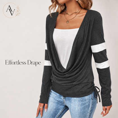 Women’s Cowl Neck Long Sleeve Top, Faux Layered 2 Piece Shirt, Gray Soft Draped Casual Blouse, Fall Winter Tee