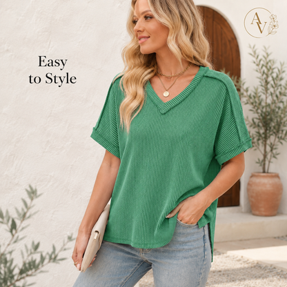 Women’s Corded Rib V-Neck Short Sleeve Top, Soft Stretch Exposed Seam Loose Fit T-Shirt, Casual Summer Tee for Everyday Outfits