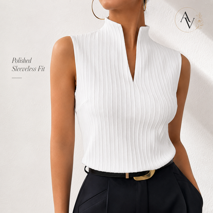 Women’s Ribbed Knit Notch Neck Sleeveless Top, Slim Fit Stretch Tank, Dressy Casual Office Blouse