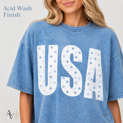 Women’s USA Star Print Acid Wash T-Shirt – 100% Cotton Patriotic Crew Neck Short Sleeve Graphic Tee for 4th of July, Memorial Day & Summer Outfits