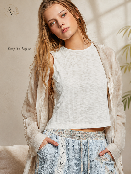 Women’s Textured Knit Cropped Tank Top, Sleeveless Round Neck Slim Fit Cotton Blend Summer Layering Shirt