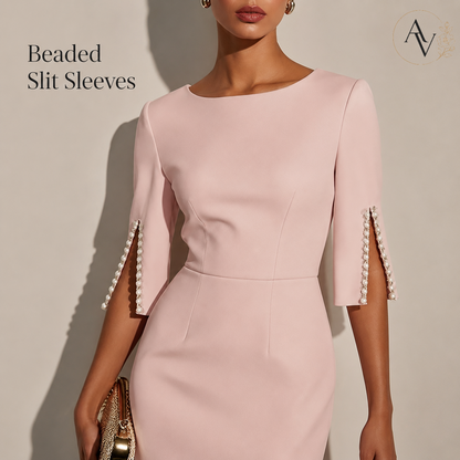 Women’s Elegant Beaded Slit Sleeve Midi Dress, Boat Neck Slim Fit Cocktail Dress, Wedding Guest Party Evening Dress