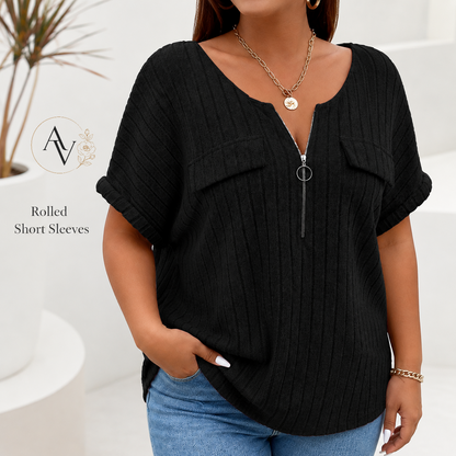 Plus Size Half Zip Ribbed Short Sleeve Top for Women, Casual Loose Fit V Neck Pullover T-Shirt with Pocket Flap, Summer Daily Blouse