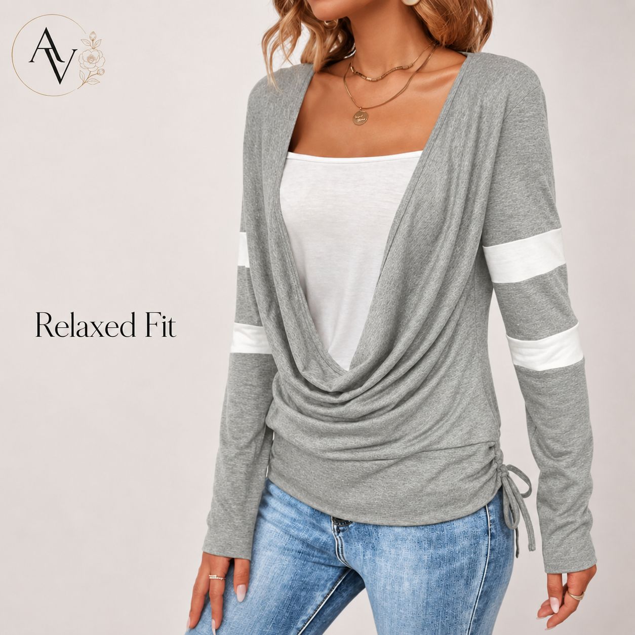 Women’s Cowl Neck Long Sleeve Top, Faux Layered 2 Piece Shirt, Gray Soft Draped Casual Blouse, Fall Winter Tee
