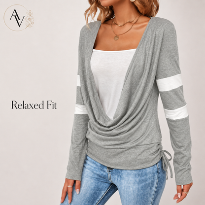 Women’s Cowl Neck Long Sleeve Top, Faux Layered 2 Piece Shirt, Gray Soft Draped Casual Blouse, Fall Winter Tee