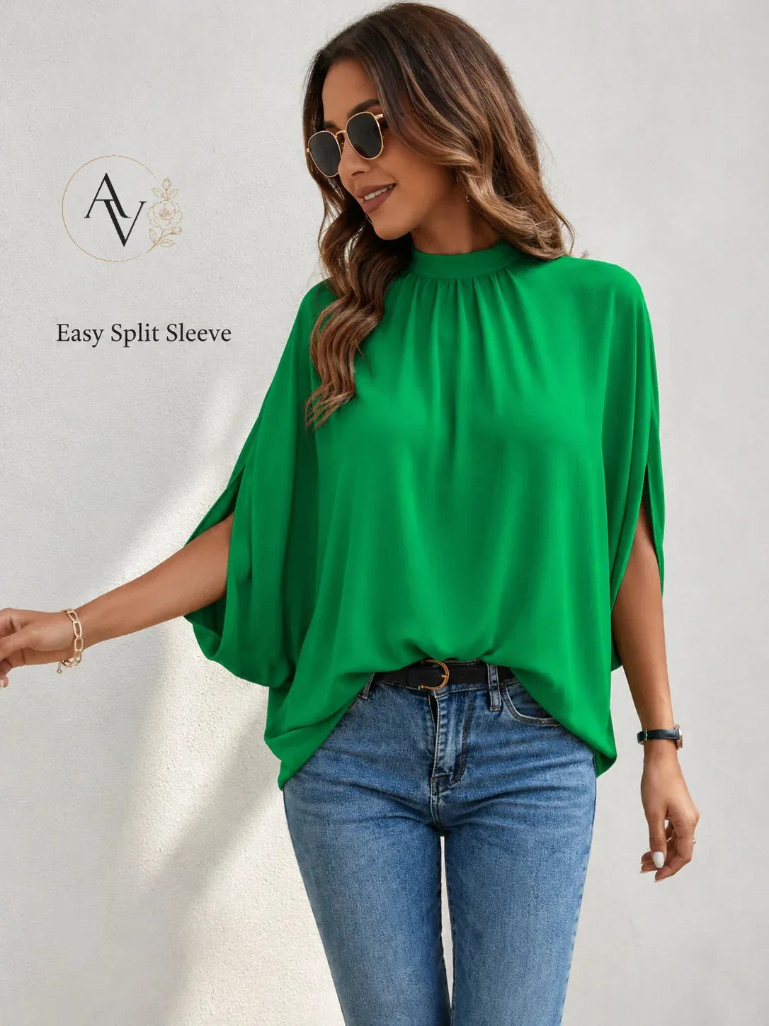 Women’s Mock Neck Tie Back Blouse, Split Batwing Half Sleeve Loose Fit Top, Dressy Casual Work Shirt for Office & Weekend