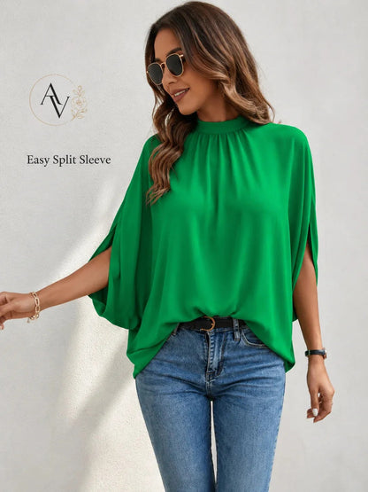Women’s Mock Neck Tie Back Blouse, Split Batwing Half Sleeve Loose Fit Top, Dressy Casual Work Shirt for Office & Weekend