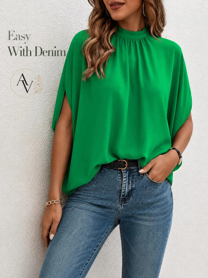 Women’s Mock Neck Tie Back Blouse, Split Batwing Half Sleeve Loose Fit Top, Dressy Casual Work Shirt for Office & Weekend