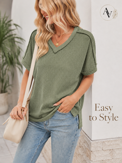 Women’s Corded Rib V-Neck Short Sleeve Top, Soft Stretch Exposed Seam Loose Fit T-Shirt, Casual Summer Tee for Everyday Outfits