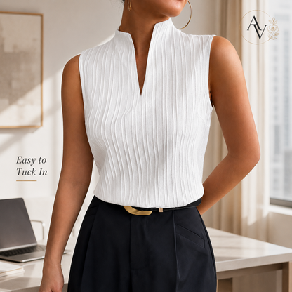 Women’s Ribbed Knit Notch Neck Sleeveless Top, Slim Fit Stretch Tank, Dressy Casual Office Blouse