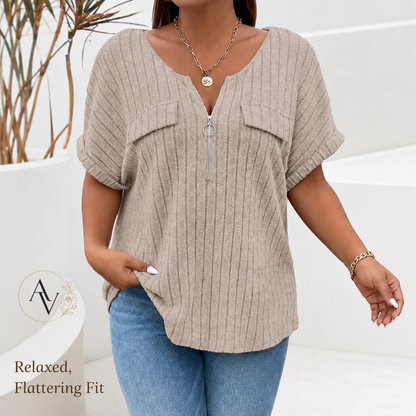 Plus Size Half Zip Ribbed Short Sleeve Top for Women, Casual Loose Fit V Neck Pullover T-Shirt with Pocket Flap, Summer Daily Blouse