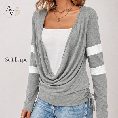 Women’s Cowl Neck Long Sleeve Top, Faux Layered 2 Piece Shirt, Gray Soft Draped Casual Blouse, Fall Winter Tee