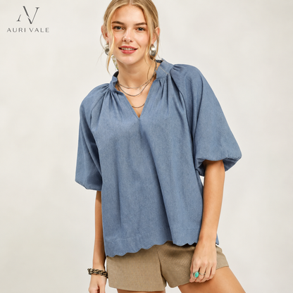 Women’s Chambray Puff Sleeve Top, Scallop Hem Split V-Neck Blouse, Lightweight Cotton Blend Oversized Casual Summer Shirt