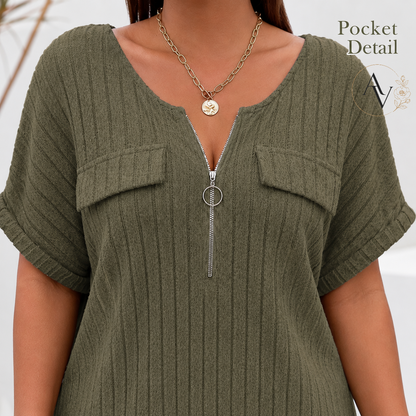 Plus Size Half Zip Ribbed Short Sleeve Top for Women, Casual Loose Fit V Neck Pullover T-Shirt with Pocket Flap, Summer Daily Blouse