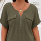 Plus Size Half Zip Ribbed Short Sleeve Top for Women, Casual Loose Fit V Neck Pullover T-Shirt with Pocket Flap, Summer Daily Blouse